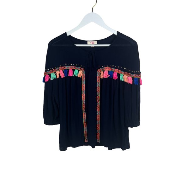 GB GIRLS XL Black Studded Multicolor Tassel Blouse Top Flowy Elastic Sleeves - Picture 1 of 7